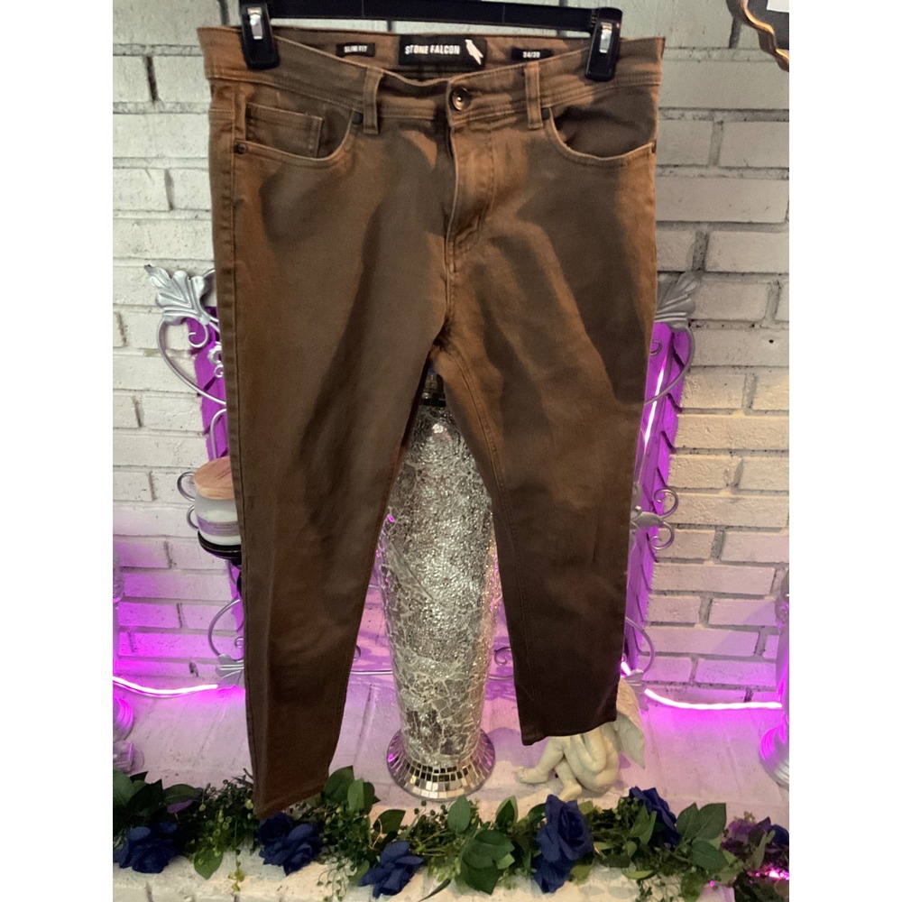 Stone Falcon Mens 34x30 Slim Fit Brown Five Pocket Casual Pants Trousers